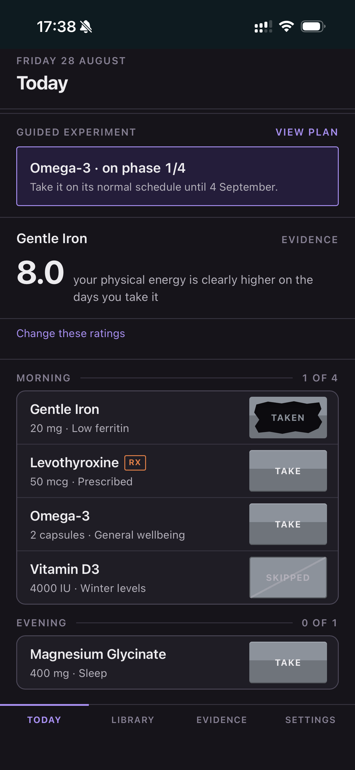 Dosette Today screen showing a guided supplement experiment and daily routine